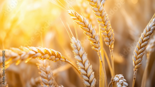 Close-up view of golden wheat ears glowing in sunlight at harvest time. Agricultural crop concept with warm natural tones.