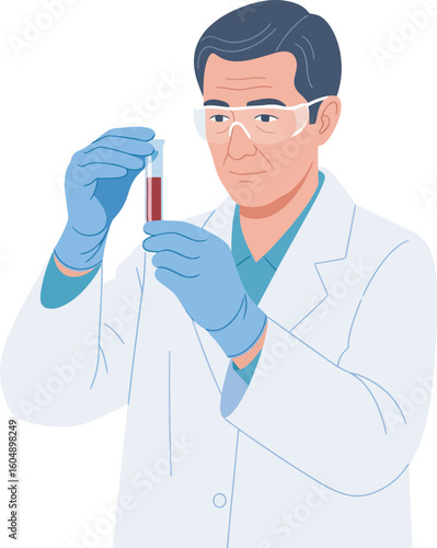 A scientist in a lab coat examines a test tube containing a red liquid.