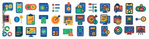 Collection of icons for various financial transactions, including checking accounts, credit cards, and taxes. The icons are colorful and include a check mark, a dollar sign, and a person