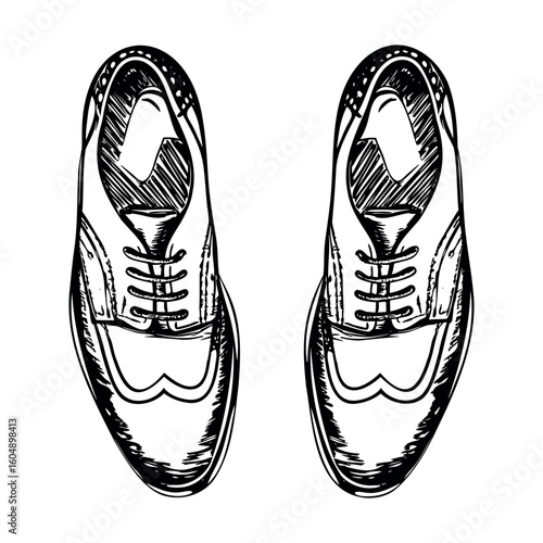 A pair of classic men's dress shoes in a hand-drawn style. The shoes are black with laces and a polished finish, suitable for formal occasions.