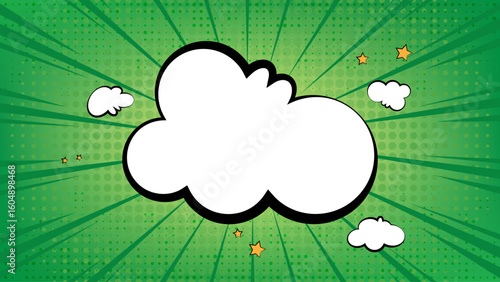 Comic speech bubble with green background, comic-style, cartoon-style illustration, flat design, simple shapes, vector illustration, Halftone dynamite effect, cartoon book style, flat design.