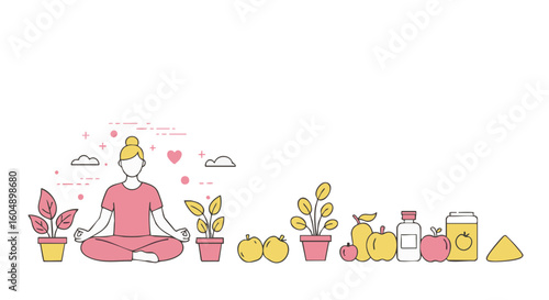 A woman meditating and surrounded by fresh fruits and plants.