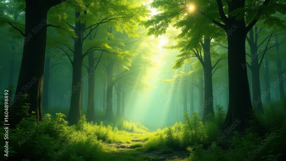 Fototapeta premium Sunlight streams through a misty forest.