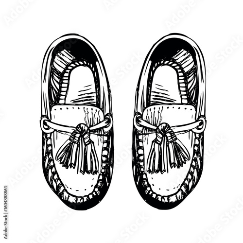 A pair of traditional moccasin shoes with tassels. The shoes are hand-drawn in black and white, showcasing intricate stitching and a classic design.