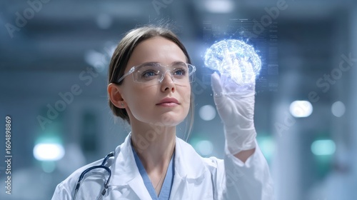 Innovative medical research action laboratory image of scientist with holographic brain clinical environment close-up technology concept