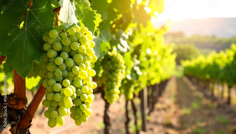 Naklejka premium Lush green grapes hanging from vines in a vineyard at sunset