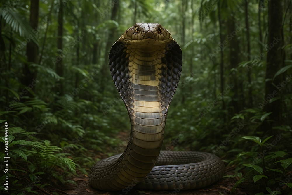 Fototapeta premium Powerful cobra standing tall in a dark, dense forest