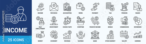 Income icon set. Containing money, tax, earnings, payment, accounting, paycheck, work, pension and wages icons. Solid icon collection. Vector illustration.