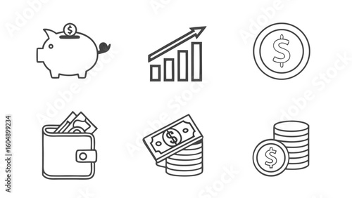 A collection of six simple line art icons representing financial concepts including saving growth currency and wealth management