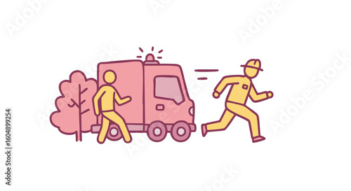 Emergency response scene with running personnel and ambulance.