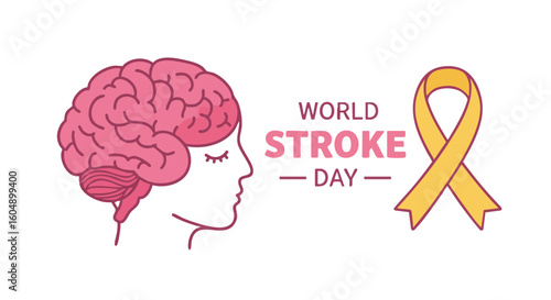 World Stroke Day awareness concept, with a ribbon, brain, and head silhouette.