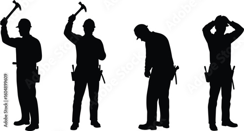 Construction worker silhouettes with hammers, hard hats, safety gear, labor poses, black vector illustration, industrial design, jobsite tools, manual workforce