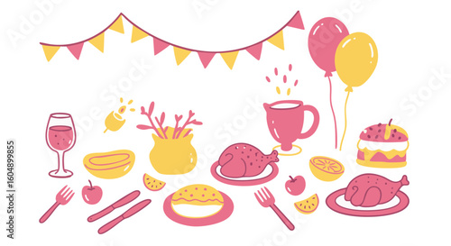 Festive Illustration of a Celebration Table Setting with Food and Decorations.