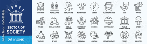 Sector of society icon set. Containing agriculture, education, healthcare, energy, technology, transportation, arts, justice and more. Outline vector icons collection.