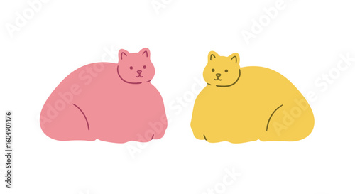 Two stylized, colored cat illustrations, side by side, each in a lounging pose. 