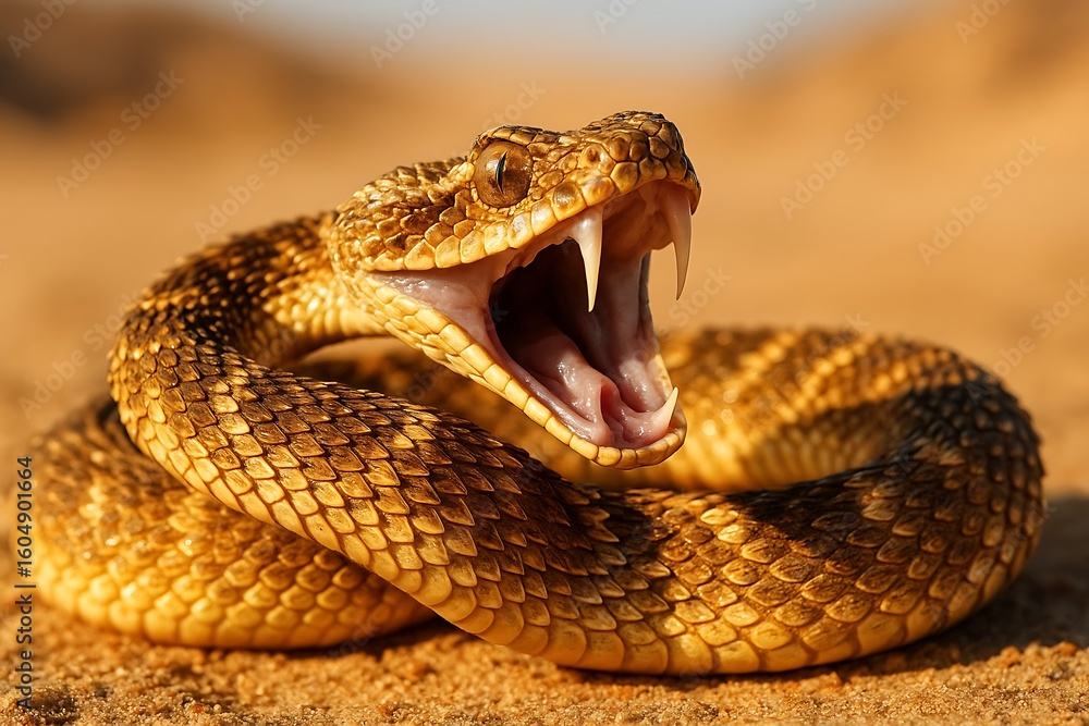 Obraz premium Viper in desert sunlight with fangs exposed, capturing the wild beauty of nature