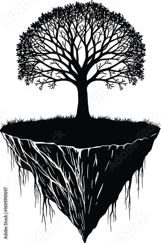 Floating island with tree silhouette, surreal nature design, peaceful landscape vector, isolated fantasy sketch, black and white concept art