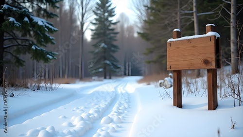 Wallpaper Mural Snow-Covered Winter Forest Trail with Wooden Direction Signage Torontodigital.ca