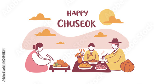 Happy Chuseok celebration, family gathering and enjoying traditional dishes under the warm sunset sky.