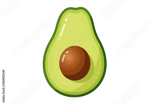 A halved avocado with a brown pit light green flesh and a darker green outer skin