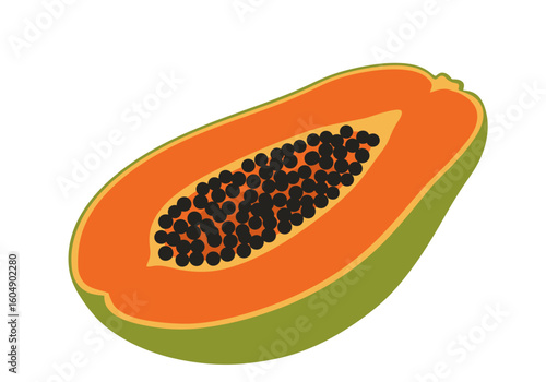 A halved papaya reveals vibrant orange flesh and a cluster of glossy black seeds against a white backdrop