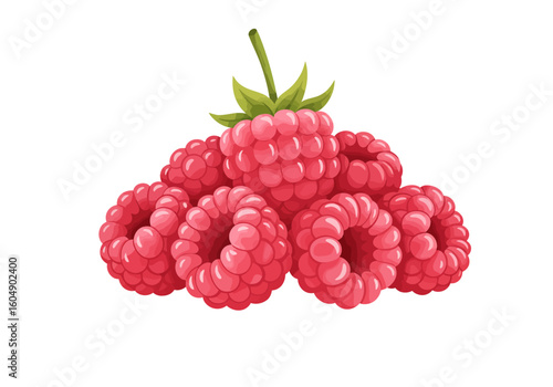 A pile of bright pink raspberries with green stems and leaves on top