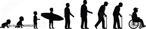 Human life stages silhouette, evolution from baby to elderly, aging process vector, life cycle sketch, growth timeline, development illustration