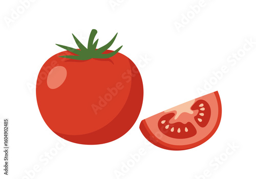 A tomato and a tomato slice on a white background