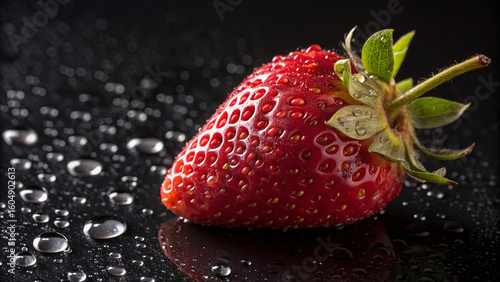 Strawberry with Water Drops on Dark Background Fresh covered in water drops.