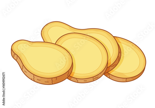 Four cartoon ginger slices are piled together