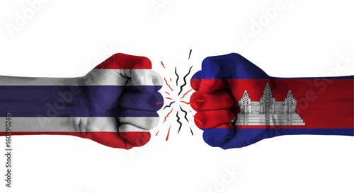 Thai and Cambodian fists collide, representing conflict or competition between the two nations.