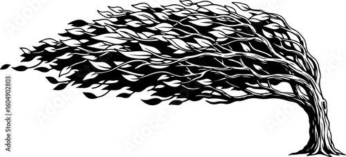 Vector art of tree bending in the wind stylized silhouette