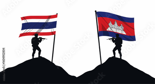 Conceptual illustration of the military conflict and political tension between Thailand and Cambodia, featuring silhouettes of soldiers with national flags on opposing hills.