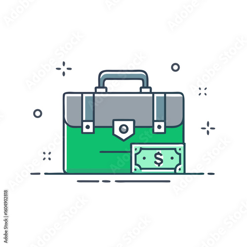 Green business office briefcase with dollar banknote money icon, financial suitcase vector illustration for investment and banking