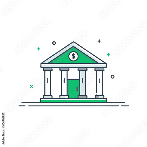 Green bank building with columns and triangular roof financial office vector icon illustration
