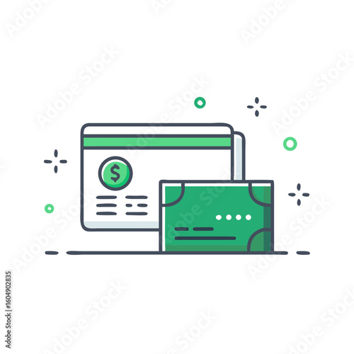  business finance office vector icon illustration,green credit card next to green cash on white background