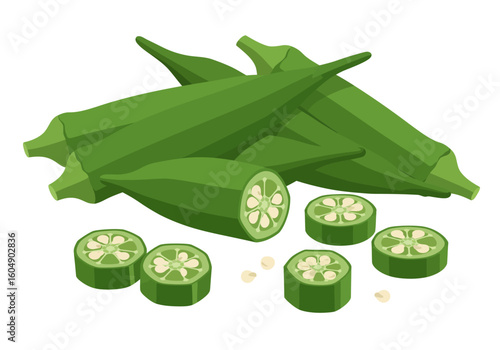 Pile of green okras whole and sliced with visible seeds on a white background