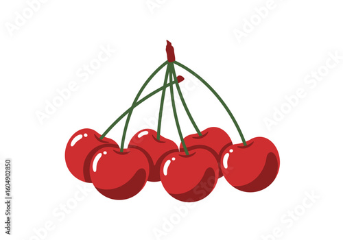 Six red cherries are joined with dark green stems and a tiny reddishbrown stem grouping