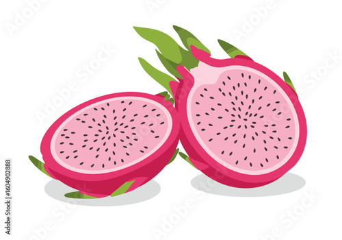 Sliced dragon fruit with pink flesh and black seeds green scaly exterior