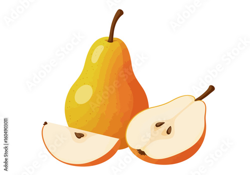 Three sliced pears one whole a half and a slice on a white background