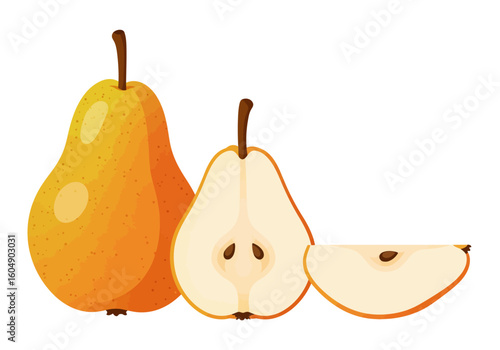Three pears a whole yellow pear a halved pear and a single slice