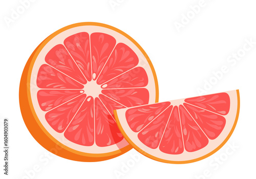 Two cut grapefruit pieces with pink flesh and orange rind on a white background