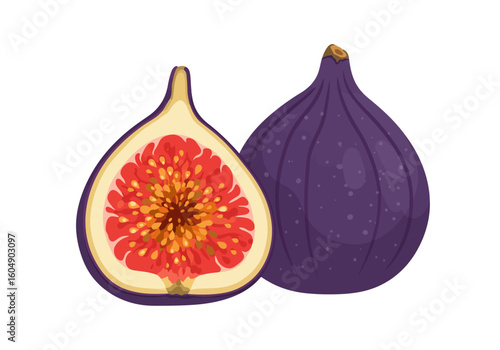 Two figs are pictured one whole and one cut in half revealing red seeds