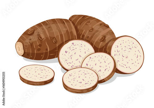 Two taro roots and slices arranged on a white background