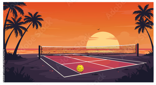 Pickleball court on tropical beach at sunset with vibrant sky