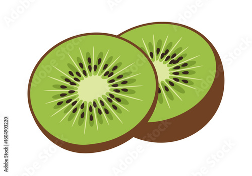 Two vibrant kiwi slices with brown skin green flesh black seeds and pale center isolated on a white backdrop