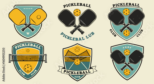 Vintage Pickleball Sport Emblems Badge Set Club Athletic Game Design Recreation