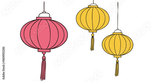Three colorful lanterns of a party. They are hanging from the ceiling.