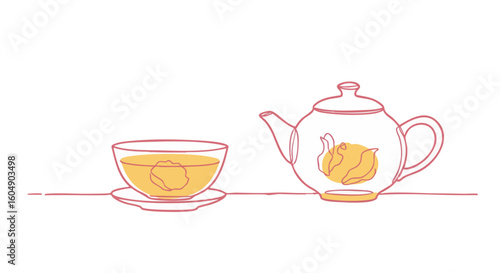 Tea set, tea cup and teapot, tea time concept illustration.