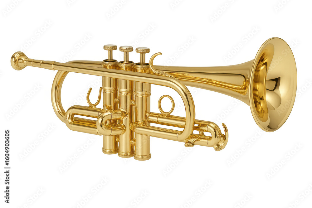 Obraz premium Golden trumpet lying horizontally with transparent background, ready to play a beautiful melody
